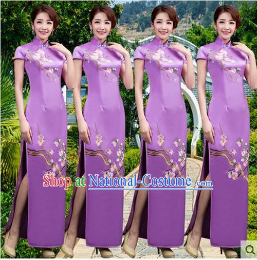 Ancient Chinese Costumes, Manchu Clothing Qipao, Improved Long Silk Mandarin Collar Embroidered Cheongsam, Traditional Cheongsam Wedding Toast Dress for Bride