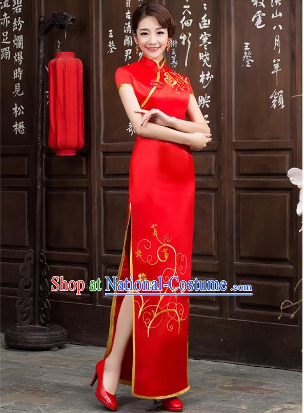 Ancient Chinese Costumes, Manchu Clothing Qipao, Retro Long Silk Mandarin Collar Embroidered Cheongsam, Traditional Cheongsam Wedding Toast Dress for Bride