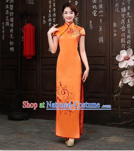 Ancient Chinese Costumes, Manchu Clothing Qipao, Retro Long Silk Mandarin Collar Embroidered Cheongsam, Traditional Cheongsam Wedding Toast Dress for Bride