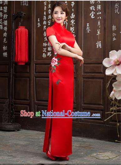 Ancient Chinese Costumes, Manchu Clothing Qipao, Retro Long Silk Mandarin Collar Embroidered Cheongsam, Traditional Red Cheongsam Wedding Toast Dress for Bride