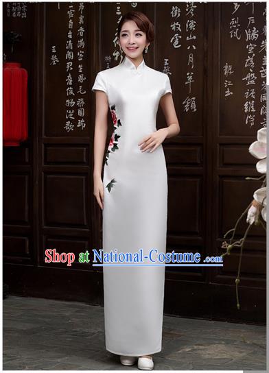 Ancient Chinese Costumes, Manchu Clothing Qipao, Retro Long Silk Mandarin Collar Embroidered Cheongsam, Traditional Cheongsam Wedding Toast Dress for Bride