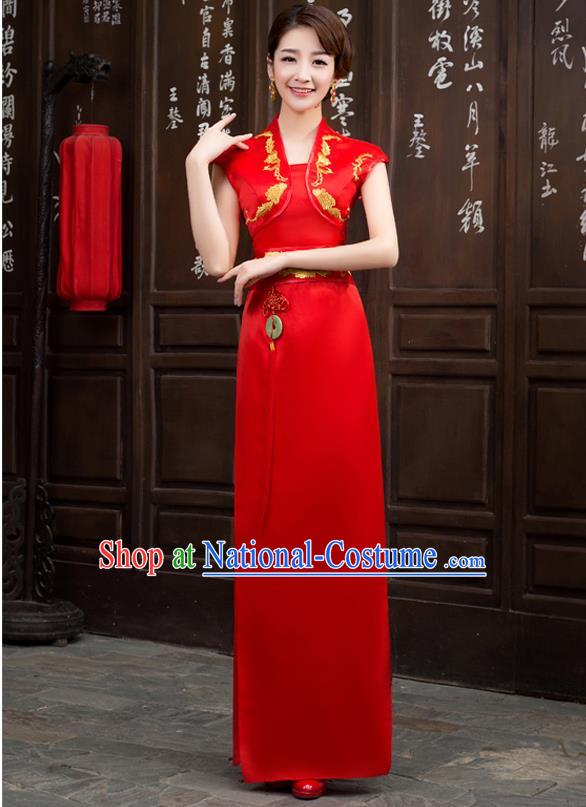 Ancient Chinese Costumes, Manchu Clothing Qipao, Improved Long Silk Cheongsam, Traditional Red Cheongsam Wedding Toast Dress for Bride