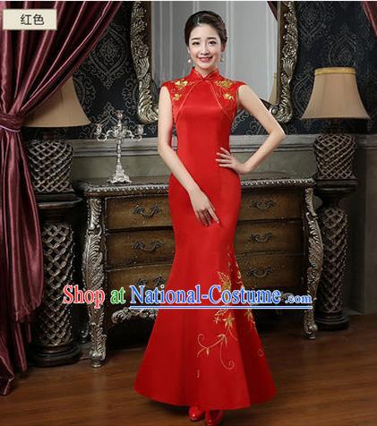 Ancient Chinese Costumes, Manchu Clothing Qipao, Improved Long Silk Cheongsam, Traditional Fish Tail Red Cheongsam Wedding Toast Dress for Bride