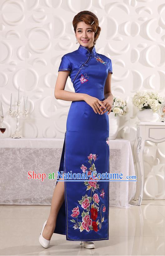 Ancient Chinese Costumes, Manchu Clothing Qipao, Retro Mandarin Collar Embroidered Long Silk Cheongsam, Traditional Cheongsam Wedding Toast Dress for Bride