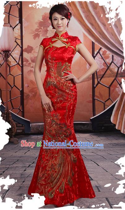 Ancient Chinese Costumes, Manchu Clothing Qipao, Hotel Etiquette Improved Cheongsam, Traditional Red Fish Tail Cheongsam Wedding Toast Dress for Bride