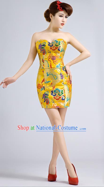 Ancient Chinese Costumes, Manchu Clothing Qipao, Improved Short Silk Cheongsam, Traditional Cheongsam Wedding Toast Dress for Bride