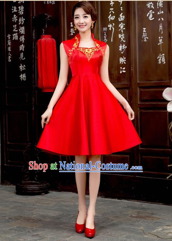 Ancient Chinese Costumes, Manchu Clothing Qipao, Improved Short Silk Cheongsam, Traditional Red Cheongsam Wedding Toast Dress for Bride