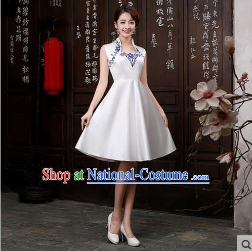 Ancient Chinese Costumes, Manchu Clothing Qipao, Improved Short Silk Cheongsam, Traditional Cheongsam Wedding Toast Dress for Bride