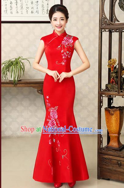 Ancient Chinese Costumes, Manchu Clothing Qipao, Retro Mandarin Collar Embroidered Long Silk Cheongsam, Traditional Fish Tail Red Cheongsam Wedding Toast Dress for Bride