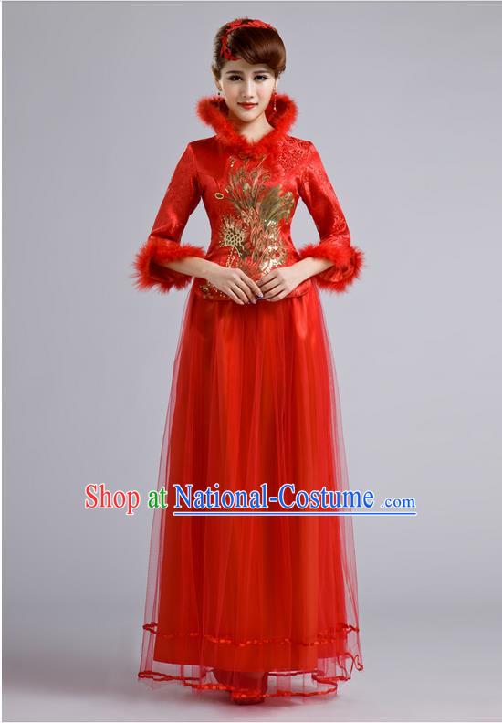 Ancient Chinese Costumes, Manchu Clothing Qipao, Retro Mandarin Collar Embroidered Long Silk Cheongsam, Traditional Red Cheongsam Wedding Toast Dress for Bride