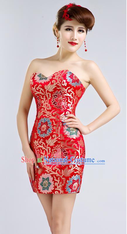 Ancient Chinese Costumes, Manchu Clothing Qipao, Improved Short Silk Cheongsam, Traditional Red Cheongsam Wedding Toast Dress for Bride