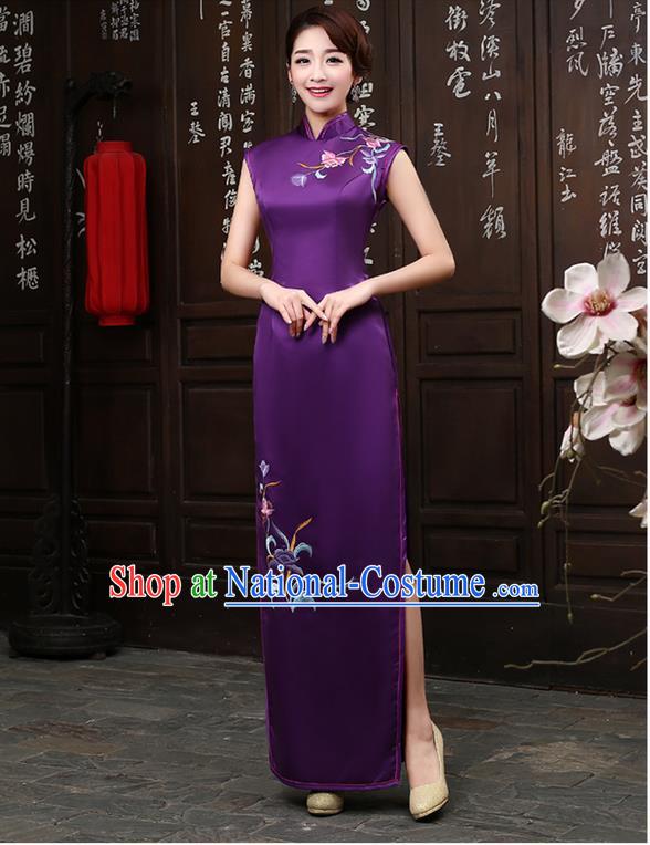 Ancient Chinese Costumes, Manchu Clothing Qipao, Retro Mandarin Collar Embroidered Silk Long Cheongsam, Traditional Cheongsam Wedding Toast Dress for Bride