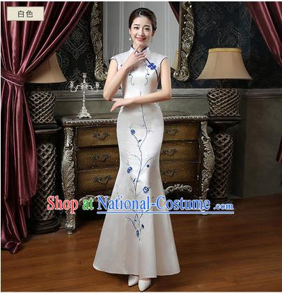 Ancient Chinese Costumes, Manchu Clothing Qipao, Retro Mandarin Collar Embroidered Silk Long Cheongsam, Traditional Fish Tail Cheongsam Wedding Toast Dress for Bride