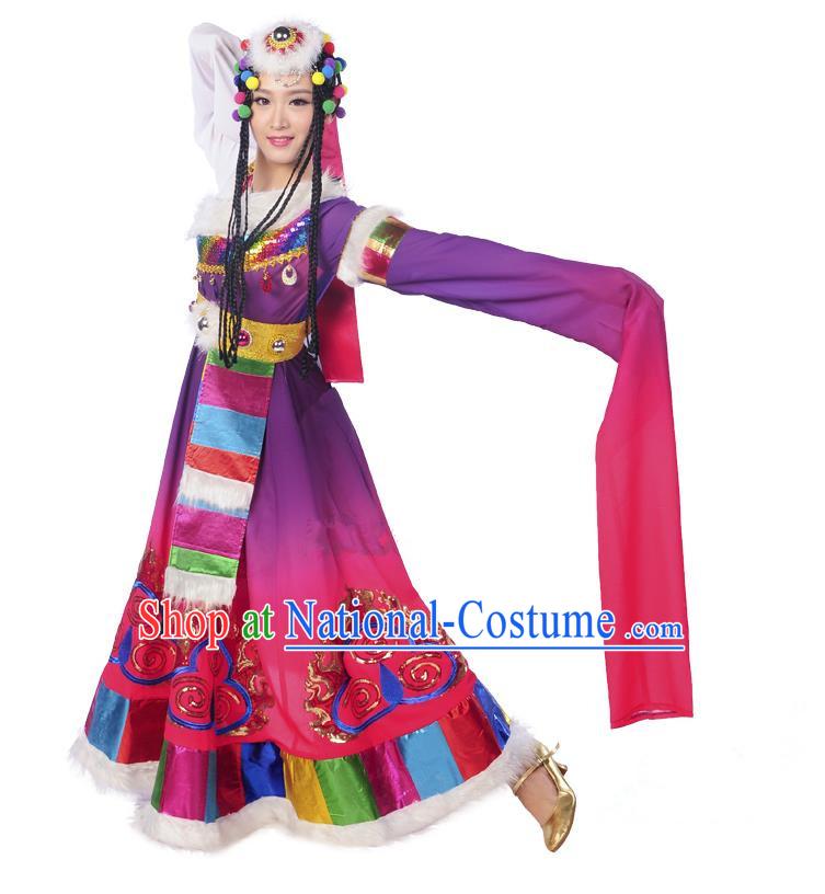 Traditional Chinese Zang Nationality Dancing Costume, Folk Dance Ethnic Costume, Chinese Minority Nationality Tibetan Dance Costume for Women