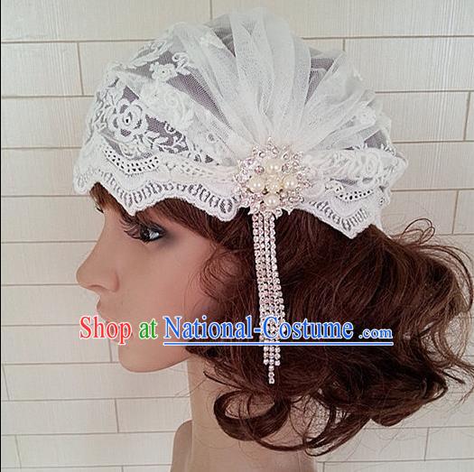 Chinese Wedding Jewelry Accessories, Traditional Bride Headwear, Wedding Tiaras, Imperial Bridal Wedding Lace Tassel Pearl Veil Hat