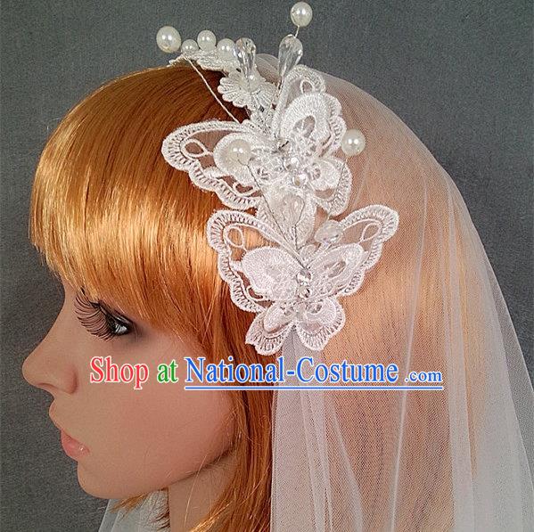 Chinese Wedding Jewelry Accessories, Traditional Bride Headwear, Wedding Tiaras, bridal Wedding Lace Bowknot Veil