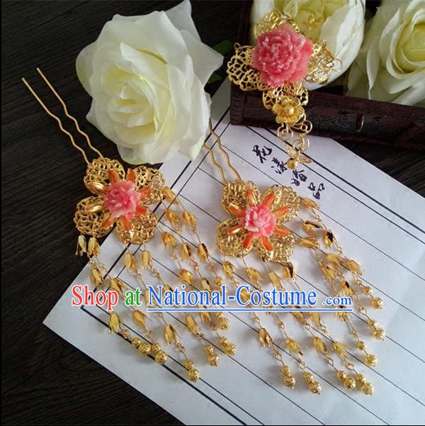 Chinese Wedding Jewelry Accessories, Traditional Xiuhe Suits Wedding Bride Headwear, Wedding Tiaras, Ancient Chinese Tassel Harpins, Bridal Hair Accessory