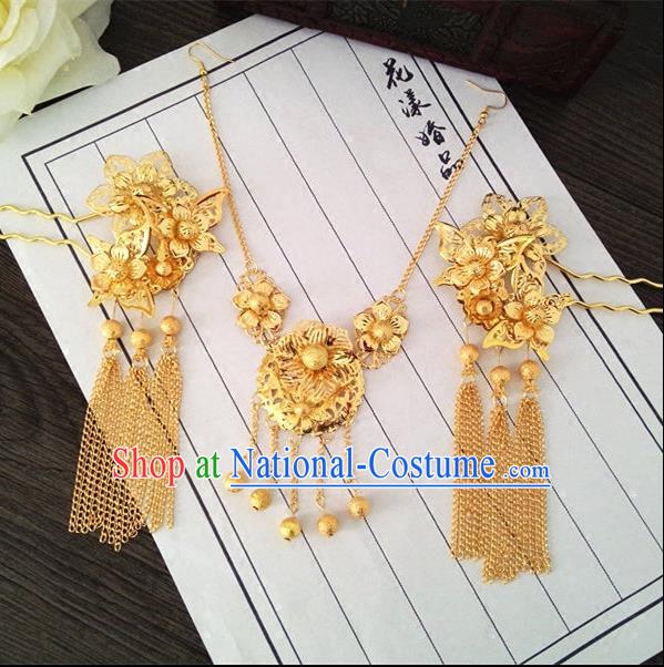 Chinese Wedding Jewelry Accessories, Traditional Xiuhe Suits Wedding Bride Headwear, Wedding Tiaras, Ancient Chinese Tassel Harpins, Bridal Hair Accessory