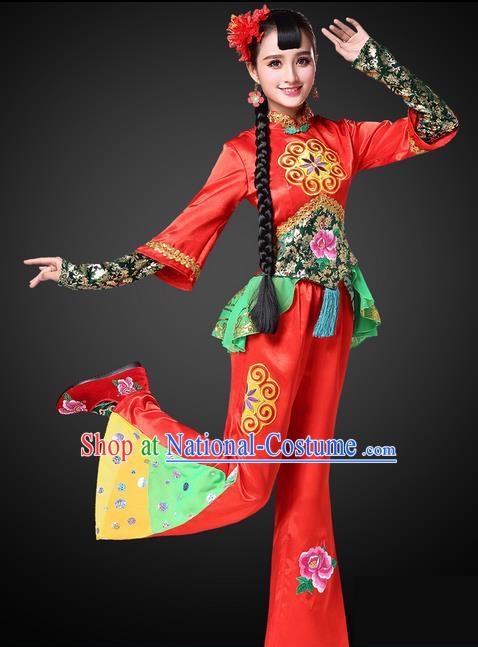 Traditional Chinese Yangge Fan Dancing Costume, Folk Dance Yangko Costume for Women