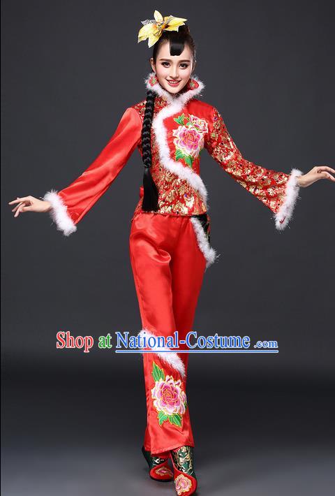 Traditional Chinese Yangge Fan Dancing Costume, Folk Dance Yangko Costume for Women