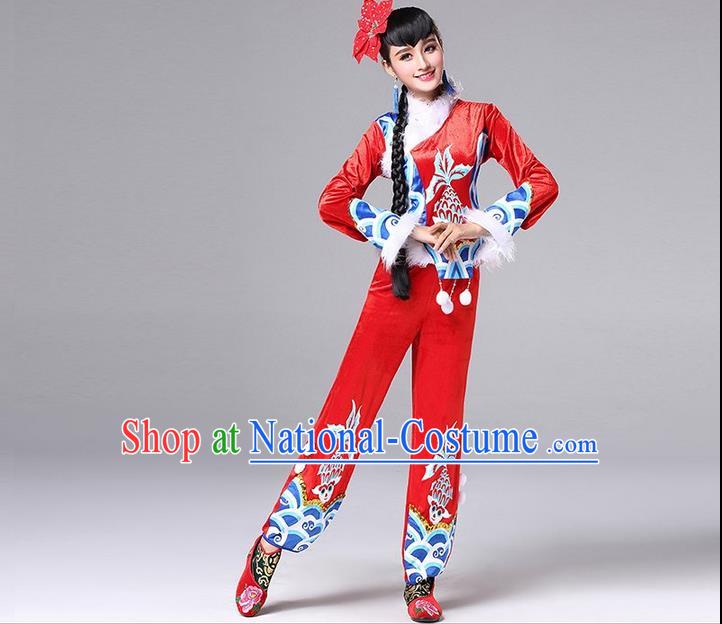 Traditional Chinese Yangge Fan Dancing Costume, Folk Dance Yangko Costume for Women