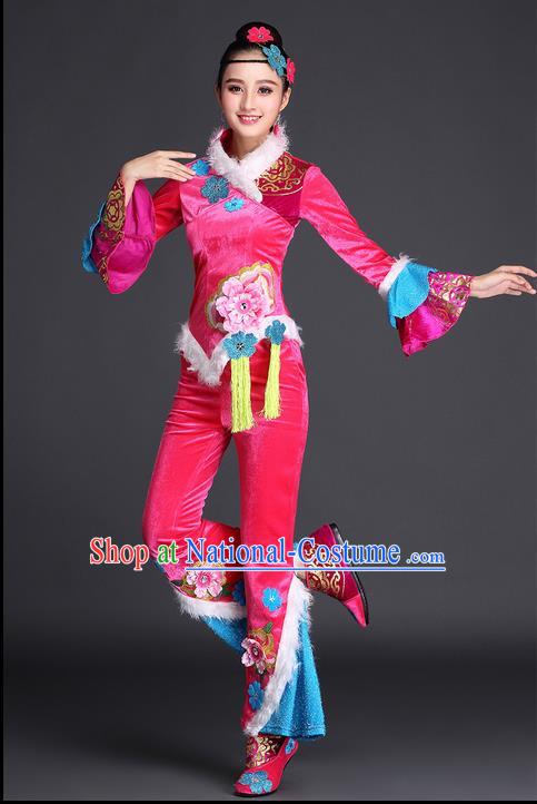 Traditional Chinese Yangge Fan Dancing Costume, Folk Dance Yangko Costume for Women