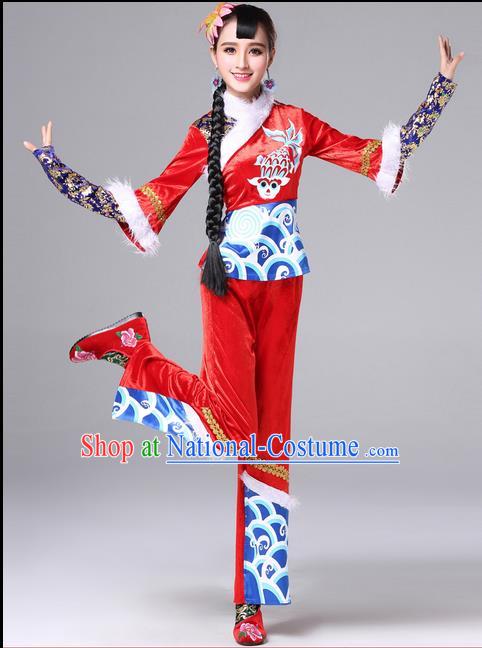 Traditional Chinese Yangge Fan Dancing Costume, Folk Dance Yangko Costume for Women