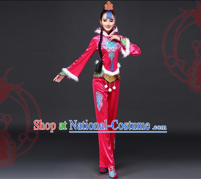 Traditional Chinese Yangge Fan Dancing Costume, Folk Dance Yangko Costume for Women