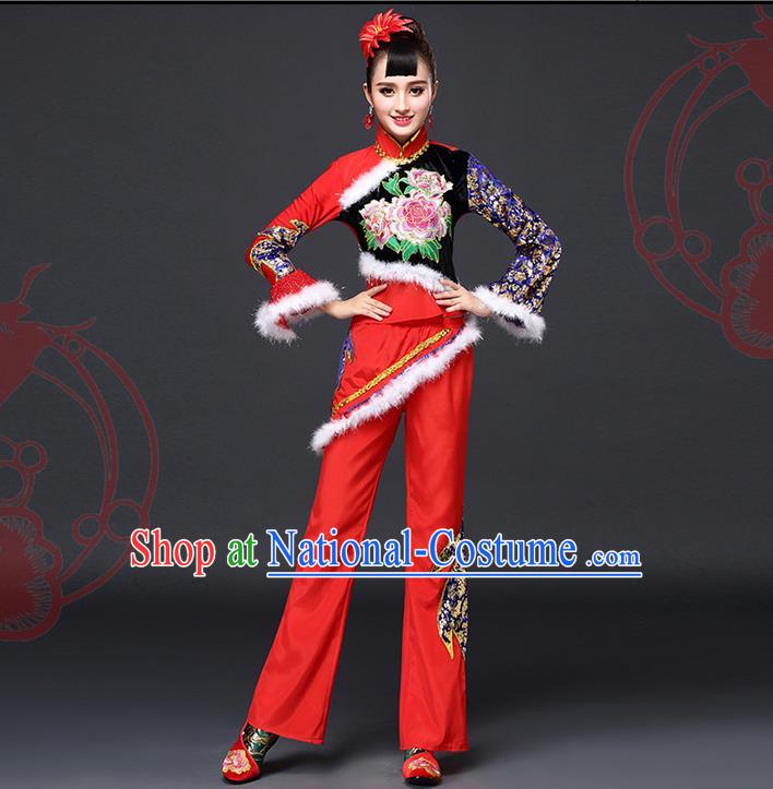 Traditional Chinese Yangge Fan Dancing Costume, Folk Dance Yangko Costume for Women