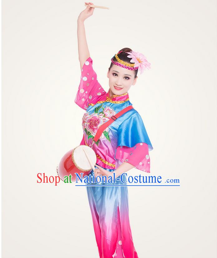 Traditional Chinese Yangge Fan Dancing Costume, Folk Dance Yangko Costume for Women