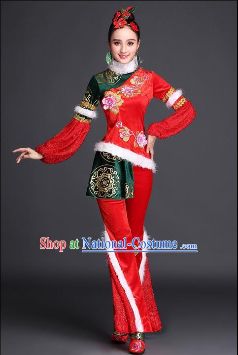 Traditional Chinese Yangge Fan Dancing Costume, Folk Dance Yangko Costume for Women