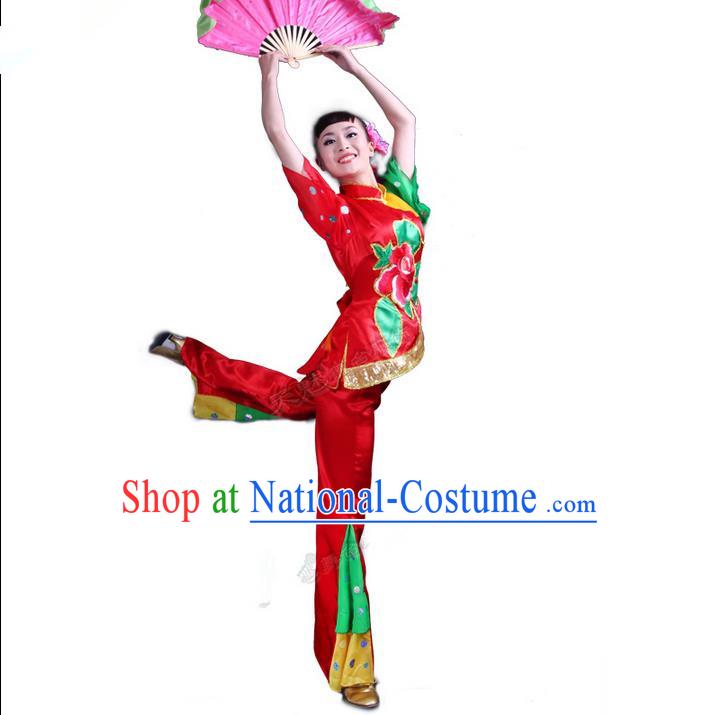 Traditional Chinese Yangge Fan Dancing Costume, Folk Dance Yangko Costume for Women