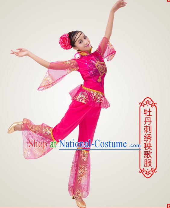 Traditional Chinese Yangge Fan Dancing Costume, Folk Dance Yangko Costume for Women