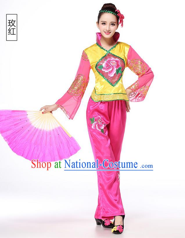 Traditional Chinese Yangge Fan Dancing Costume, Folk Dance Yangko Costume for Women