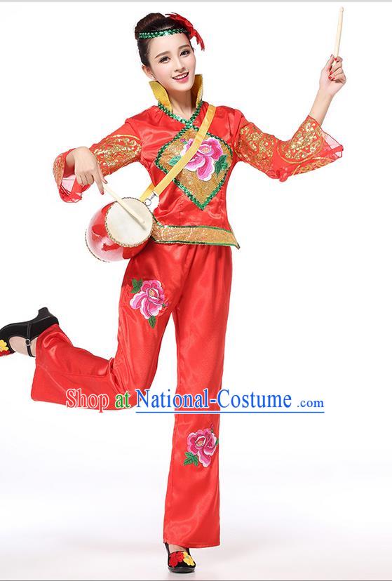 Traditional Chinese Yangge Fan Dancing Costume, Folk Dance Yangko Costume for Women