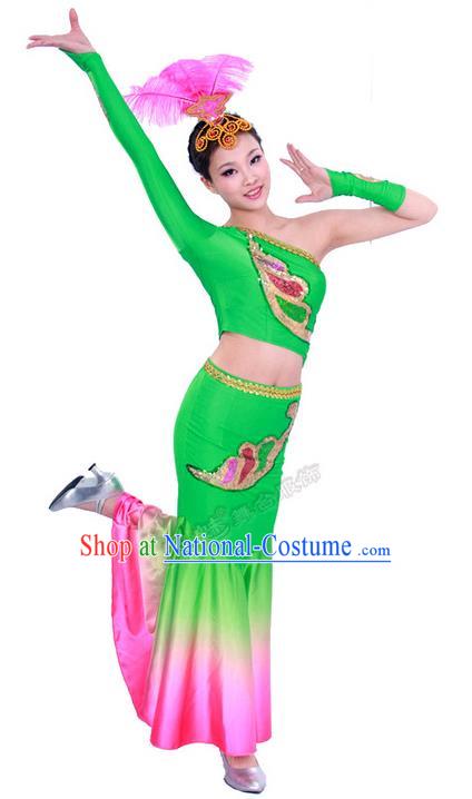 Traditional Chinese Dai nationality Peacock Dancing Costume, Folk Dance Ethnic Costume, Chinese Minority Nationality Dancing Costume for Women