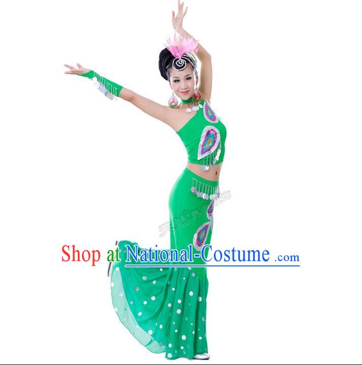 Traditional Chinese Dai nationality Peacock Dancing Costume, Folk Dance Ethnic Costume, Chinese Minority Nationality Dancing Costume for Women