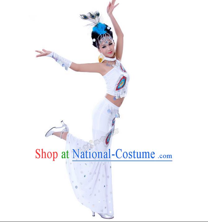 Traditional Chinese Dai nationality Peacock Dancing Costume, Folk Dance Ethnic Costume, Chinese Minority Nationality Dancing Costume for Women