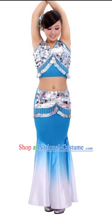 Traditional Chinese Dai nationality Peacock Dancing Costume, Folk Dance Ethnic Fish Tail Costume, Chinese Minority Nationality Dancing Costume for Women