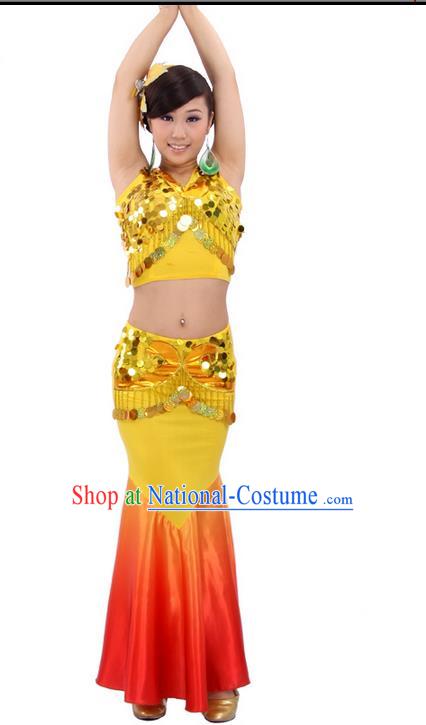 Traditional Chinese Dai nationality Peacock Dancing Costume, Folk Dance Ethnic Fish Tail Costume, Chinese Minority Nationality Dancing Costume for Women