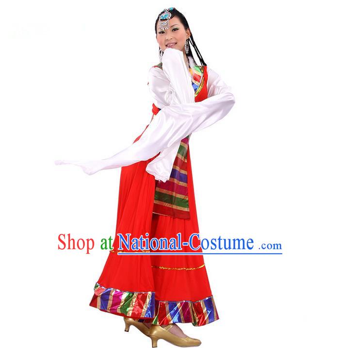 Traditional Chinese Zang Nationality Dancing Costume, Folk Dance Ethnic Costume, Chinese Minority Nationality Tibetan Dance Costume for Women