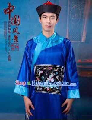 Qing Dynasty Men Costume Official Clothes Imperial Palace Royal Family Member Chieftain Clothing and Hat Blue