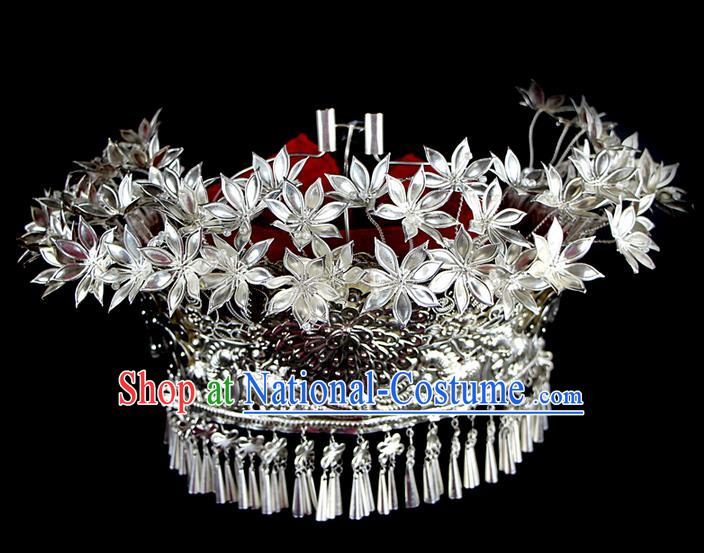 Chinese Traditional Miao Minority Hmong Folk Ethnic Hat, Miao Minority Sliver Crown Jewelry Accessories, Miao Headgear for Women