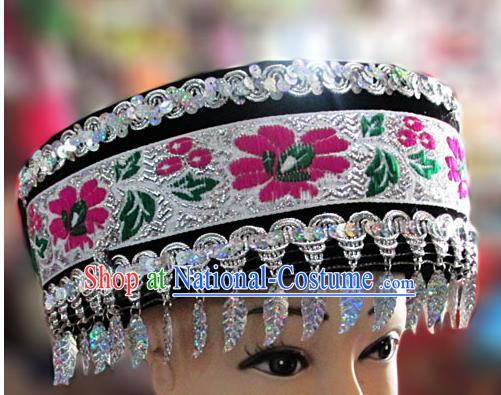 Chinese Traditional Miao Minority Hmong Folk Ethnic Hat, Tujia Minority Embroidery Hat for Women