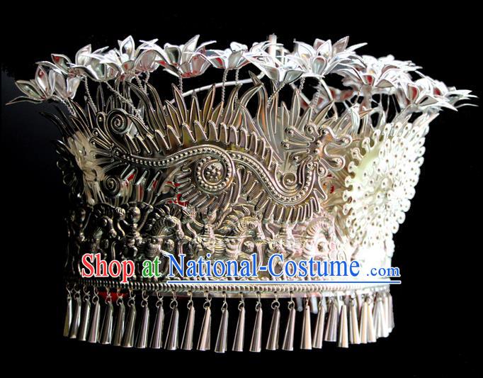 Chinese Traditional Miao Minority Hmong Folk Ethnic Hat, Miao Minority Sliver Crown Jewelry Accessories, Miao Headgear for Women