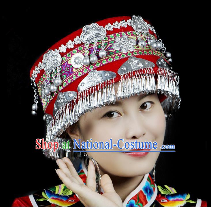 Chinese Traditional Miao Minority Hmong Folk Ethnic Hat, Tujia Minority Embroidery Bells Hat for Women