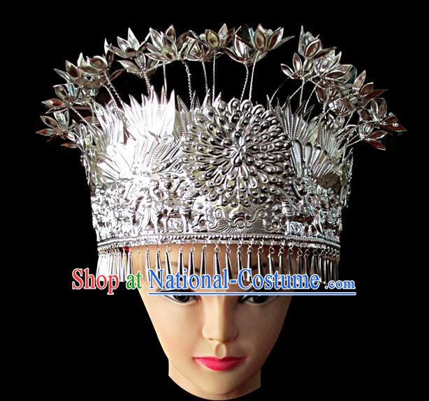 Chinese Traditional Miao Minority Hmong Folk Ethnic Hat, Miao Minority Sliver Crown Jewelry Accessories, Miao Headgear for Women