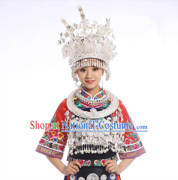 Chinese Traditional Miao Minority Hmong Folk Ethnic Necklace, Phoenix Silver Headwear Crown, Miao Jewelry Accessories Set for Women