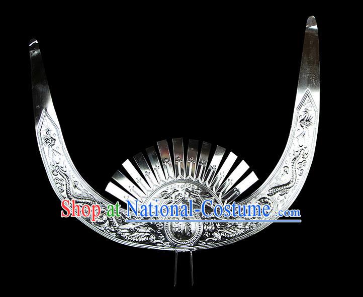 Chinese Traditional Miao Minority Hmong Folk Ethnic Ox Horn Crown, Silver Headwear, Miao Jewelry Accessories for Women