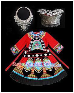 Traditional Chinese Miao Nationality Dancing Costume Accessories Set, Children Folk Dance Ethnic Cloth and Headwear, Chinese Tujia Minority Nationality Costume and Hat for Kids